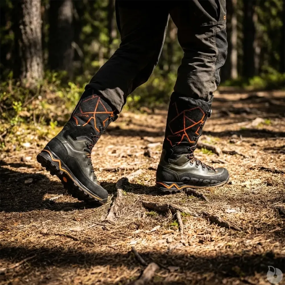 Chaussures Crispi Futura NXT GTX portées sur un sol de sous-bois, avec semelle extérieure Vibram Megagrip.