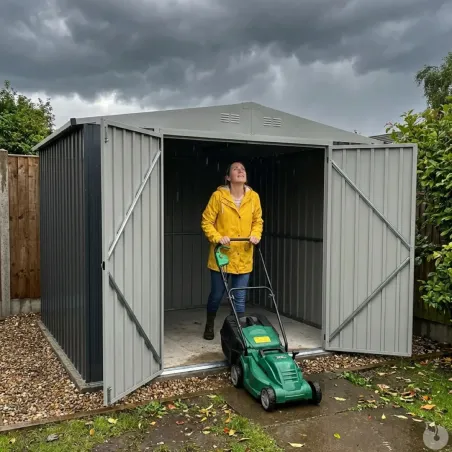 Abri de jardin métal gris et crème 245 x 193 x 180 cm