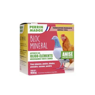 Bloc oligo éléments anis Perrin Madox 950 g pigeons, poules, dindes, pintades, faisans et perdrix
