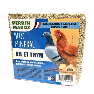 Bloc minéral ail et thym pour volailles et pigeons Perrin Madox pigeons, poules, dindes, pintades, faisans et perdrix