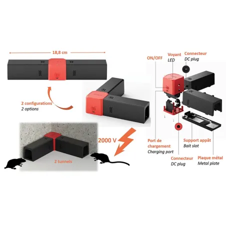 Piège à rongeurs d'angle électrique USB - 2 tunnels - 2000V