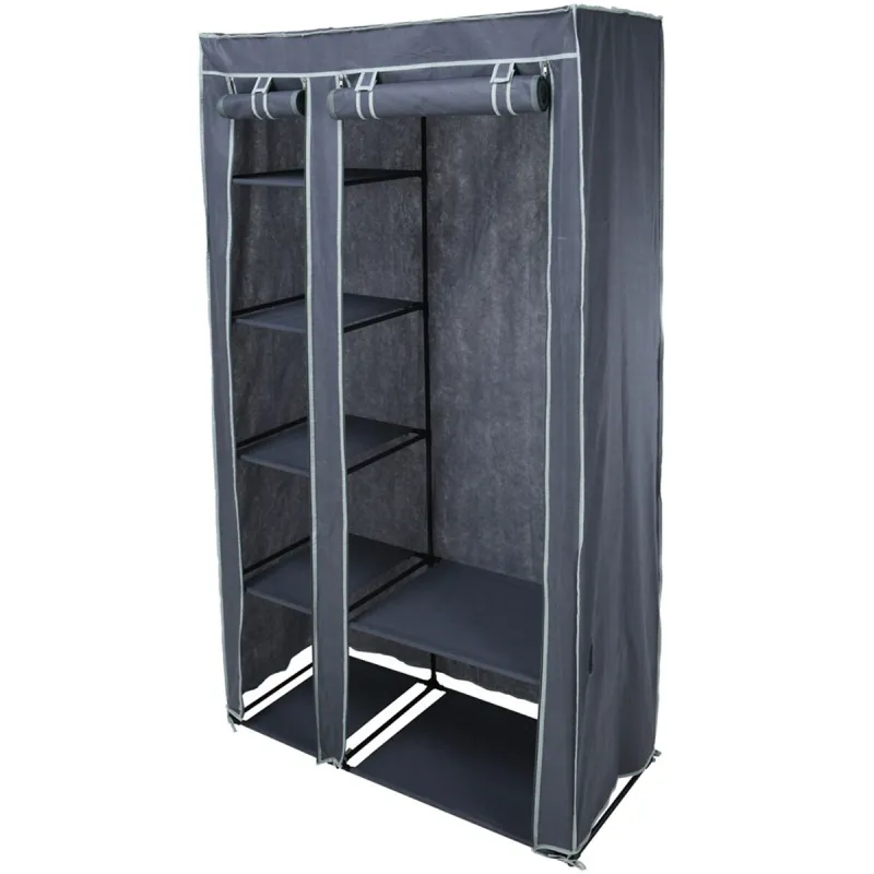 Armoire en tissu 5 étagères grises avec barre de penderie - 100x46x174 cm