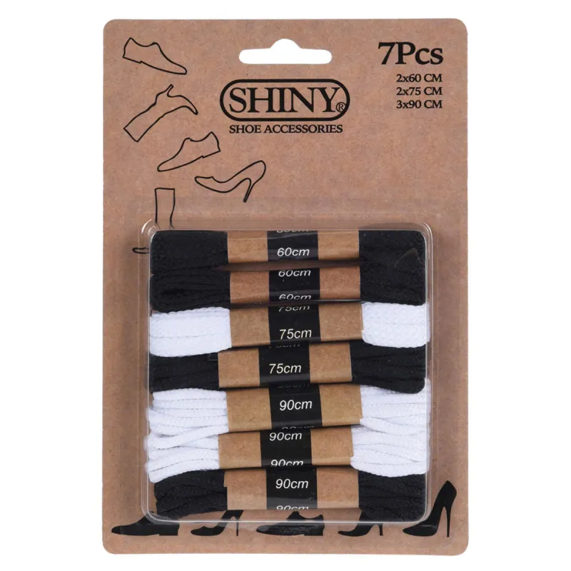 Lot de 7 paires de lacets en coton - Noir et blanc - Tailles variées