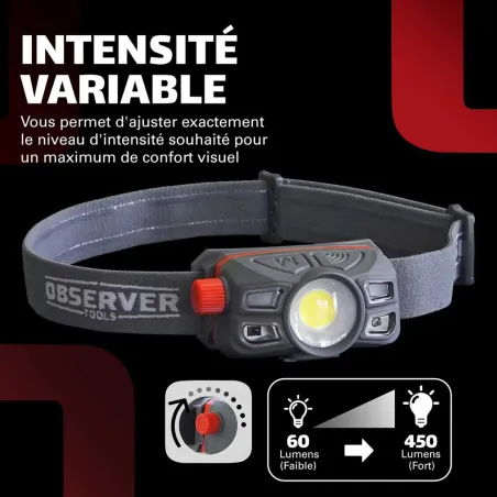 Lampe frontale OBSERVER - 450 Lumens - Rechargeable USB-C - Étanche IP67
