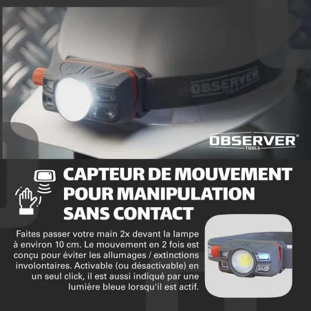 Lampe frontale OBSERVER - 450 Lumens - Rechargeable USB-C - Étanche IP67