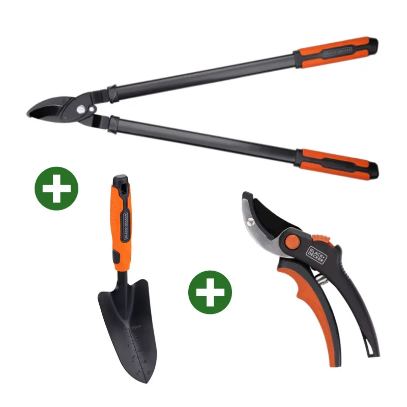 Kit Jardinage Black&Decker 3-en-1 : Transplantoir + 2 Sécateurs (20cm & 71cm)