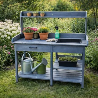 Table de rempotage bois avec bac – 114 x 46 x 120 cm plantes et semis