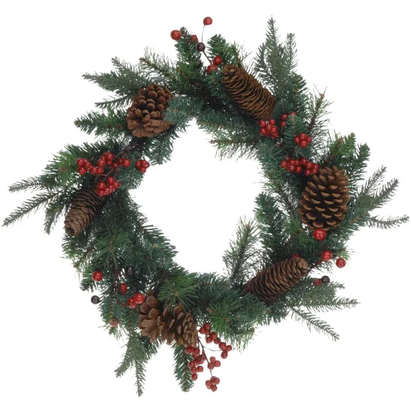 Couronne de Noël 45cm avec pommes de pin et baies rouges