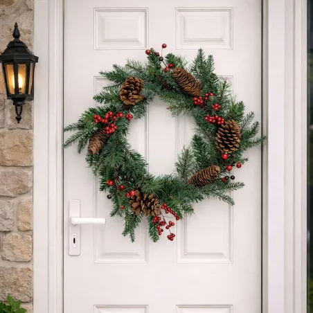 Couronne de Noël 45cm avec pommes de pin et baies rouges
