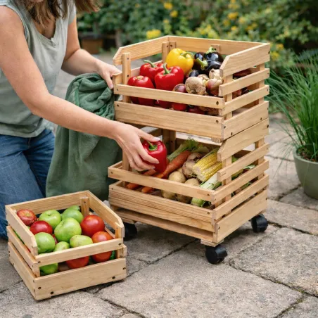 3 caisses fruits et légumes bois sur roulettes