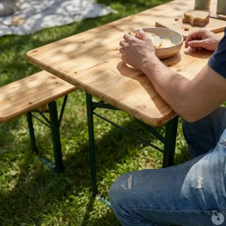 Table extérieure en pin massif 177 cm avec 2 bancs métal | Ducatillon
