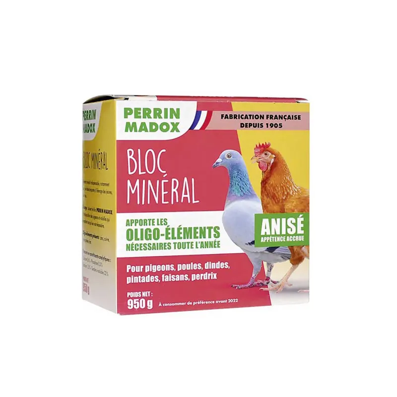 Bloc oligo éléments anis Perrin Madox 950 g pigeons, poules, dindes, pintades, faisans et perdrix