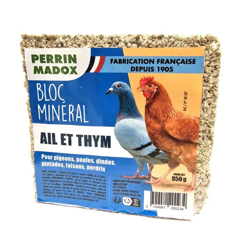 Bloc minéral ail et thym pour volailles et pigeons Perrin Madox pigeons, poules, dindes, pintades, faisans et perdrix