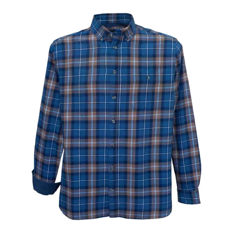 Chemise Homme Manches Longues en Flanelle à Carreaux Bleu et Marron - Coupe Droite