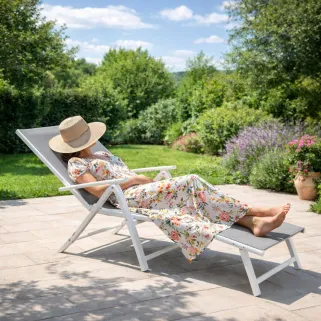 Chaise longue aluminium blanche 175x66cm en toile textilène