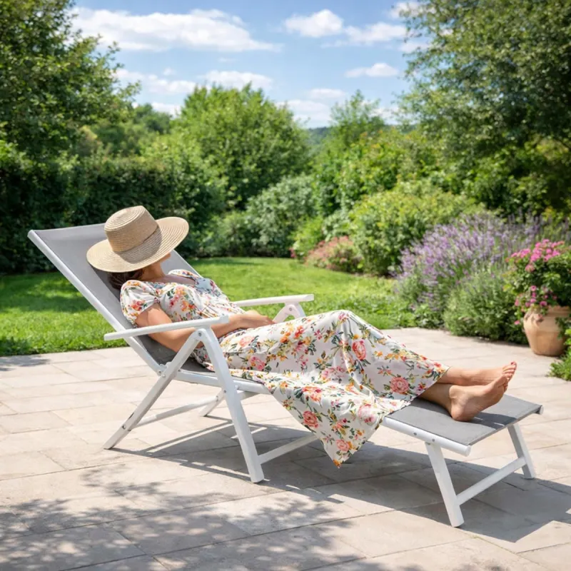 Chaise longue aluminium blanche 175x66cm en toile textilène