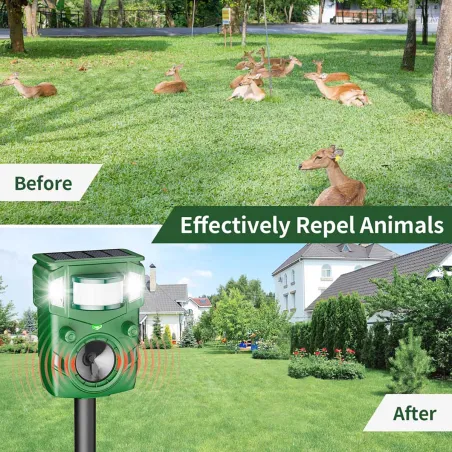 Répulsif Électronique à Ultrasons et Flash Anti-Nuisibles - Portée 8m - Solaire/USB