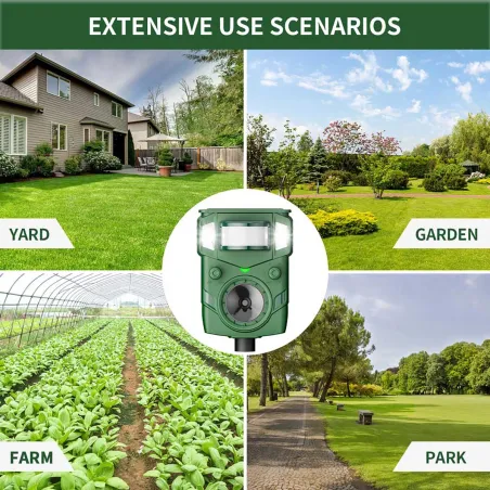 Répulsif Électronique à Ultrasons et Flash Anti-Nuisibles - Portée 8m - Solaire/USB