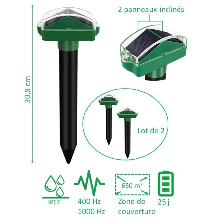 Lot de 2 Chasse-Taupes Solaires à Ultrasons Duo - Étanche - 650m² de Couverture