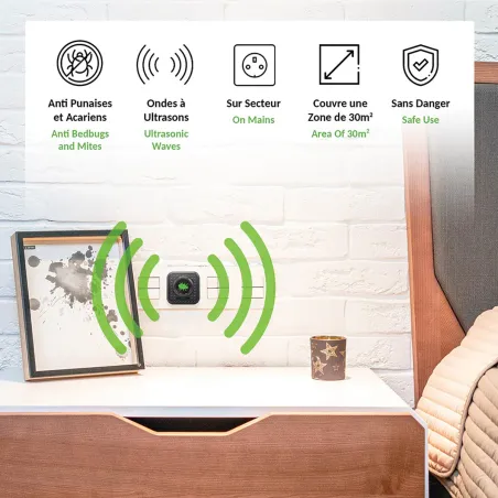 Répulsif à ultrasons anti-punaises de lit et acariens - 30m²