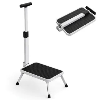 Marchepied sécurisé pliable avec barre d'appui - Hauteur 17 cm - Acier blanc
