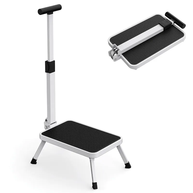 Marchepied sécurisé pliable avec barre d'appui - Hauteur 17 cm - Acier blanc