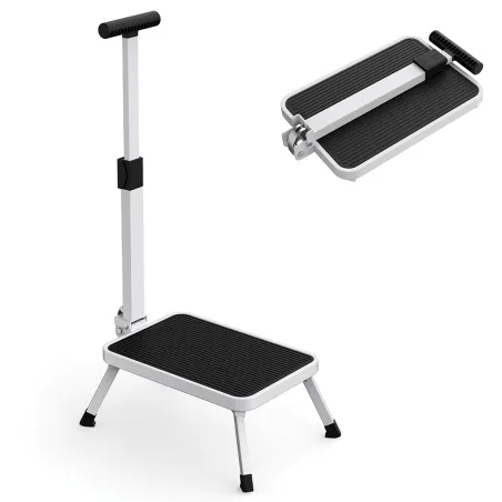Marchepied sécurisé pliable avec barre d'appui - Hauteur 17 cm - Acier blanc