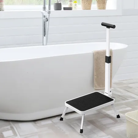 Marchepied sécurisé pliable avec barre d'appui - Hauteur 17 cm - Acier blanc