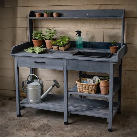 Table de rempotage bois avec bac – 114 x 46 x 120 cm plantes et semis