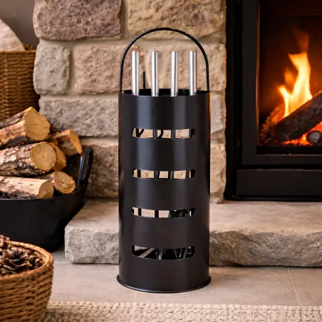 Valet de cheminée métal noir 5 pièces | Outils feu bois 65 cm