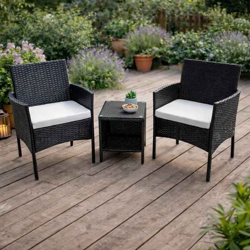 Salon de jardin 2 fauteuils et table basse tressée noir