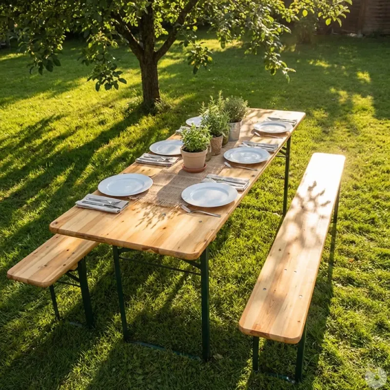 Table extérieure en pin massif 177 cm avec 2 bancs métal | Ducatillon