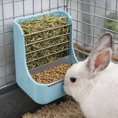 Mangeoire lapin avec râtelier double usage grain et foin