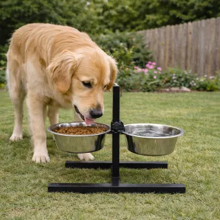 Mangeoire chien sur pied réglable + 2 gamelles Ø de 19 cm