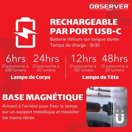 Lampe d'inspection LED flexible OBSERVER - 600 Lumens - USB-C - IP54