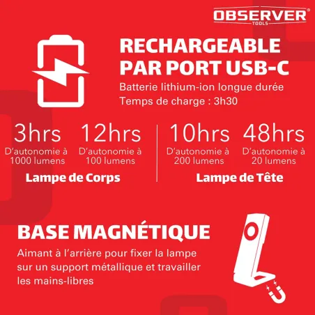 Lampe de travail SLIM OBSERVER - Rechargeable USB-C 1000 Lumens