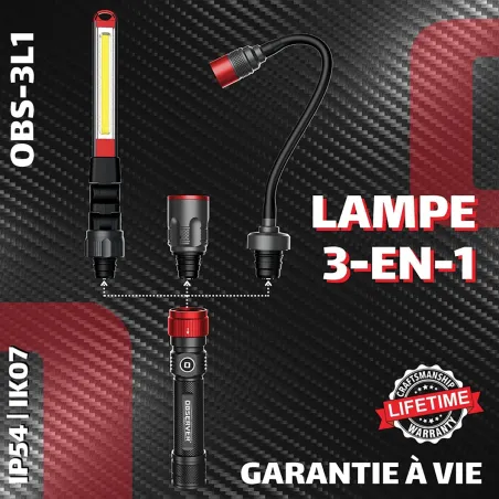 Lampe 3-en-1 OBSERVER - Torche, Barre d'Inspection & Tête Flexible 1000 Lumens