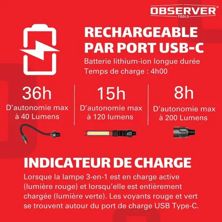 Lampe 3-en-1 OBSERVER - Torche, Barre d'Inspection & Tête Flexible 1000 Lumens