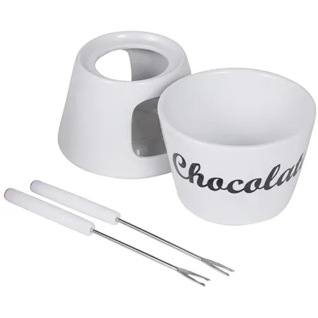 Fondue chocolat porcelaine 12x12x15cm avec 2 fourchettes inox