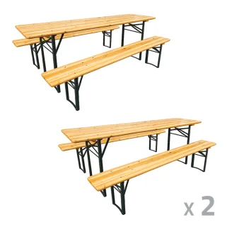 Lot de 2 Tables Extérieure en Pin Massif 177 cm avec 4 Bancs Bois / métal