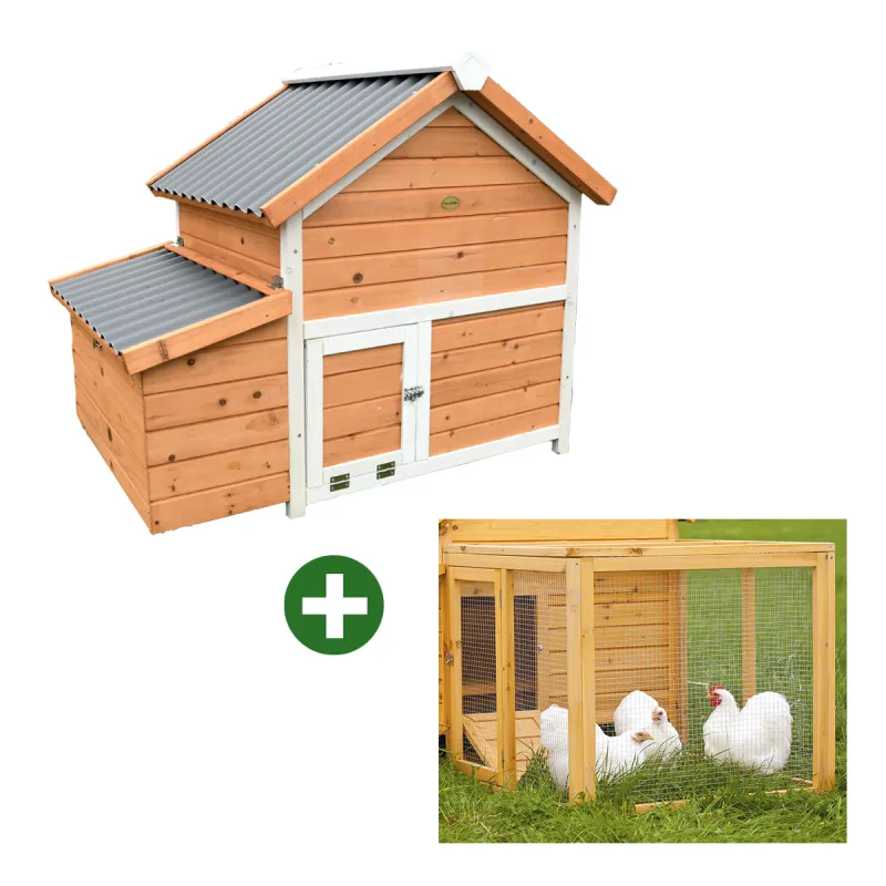 Kit Poulailler 3 poules Bois Confort toit plastique + Enclos