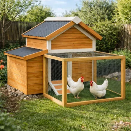 Kit Poulailler 3 poules Bois Confort toit plastique + Enclos