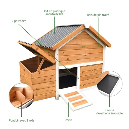 Poulailler bois 3 poules Confort toit plastique 112 x 77 x 92 cm