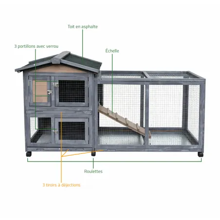 Clapier lapin bois mobile à roulettes toit en asphalte