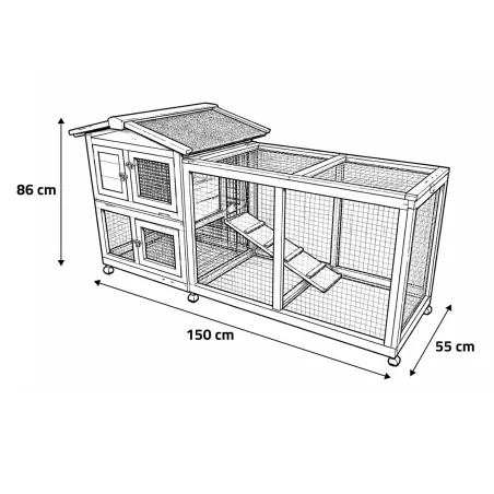 Clapier lapin bois mobile à roulettes toit en asphalte