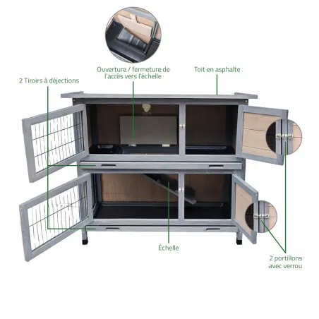 Clapier double pour lapins bois 2 logements toit en asphalte