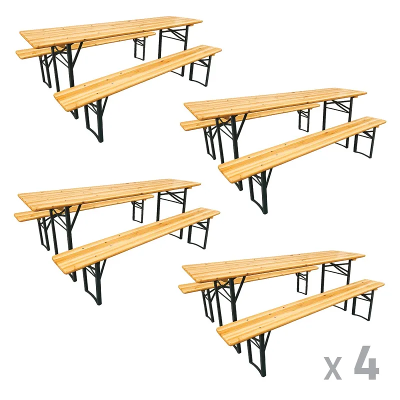 Lot de 4 Tables Extérieure en Pin Massif 177 cm avec 4 Bancs Bois / métal