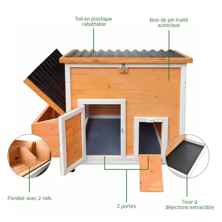Poulailler Hefa+ en pin traité avec toit plastique - 6 poules