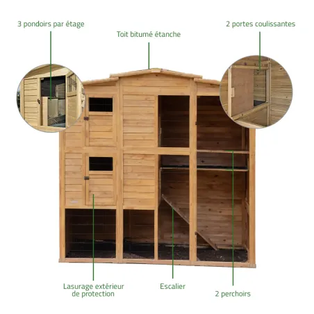 Poulailler Bois 2 étages 10-15 poules 222X115 X200 cm sol PVC