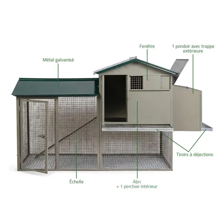 Grand poulailler métal galvanisé 3/4 poules 200X80X120 cm